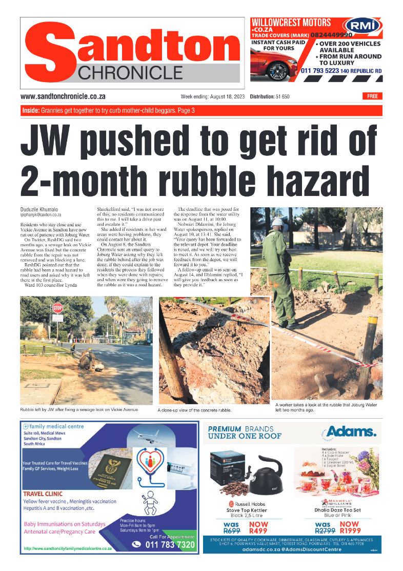 Sandton Chronicle 18 August 2023 page 1