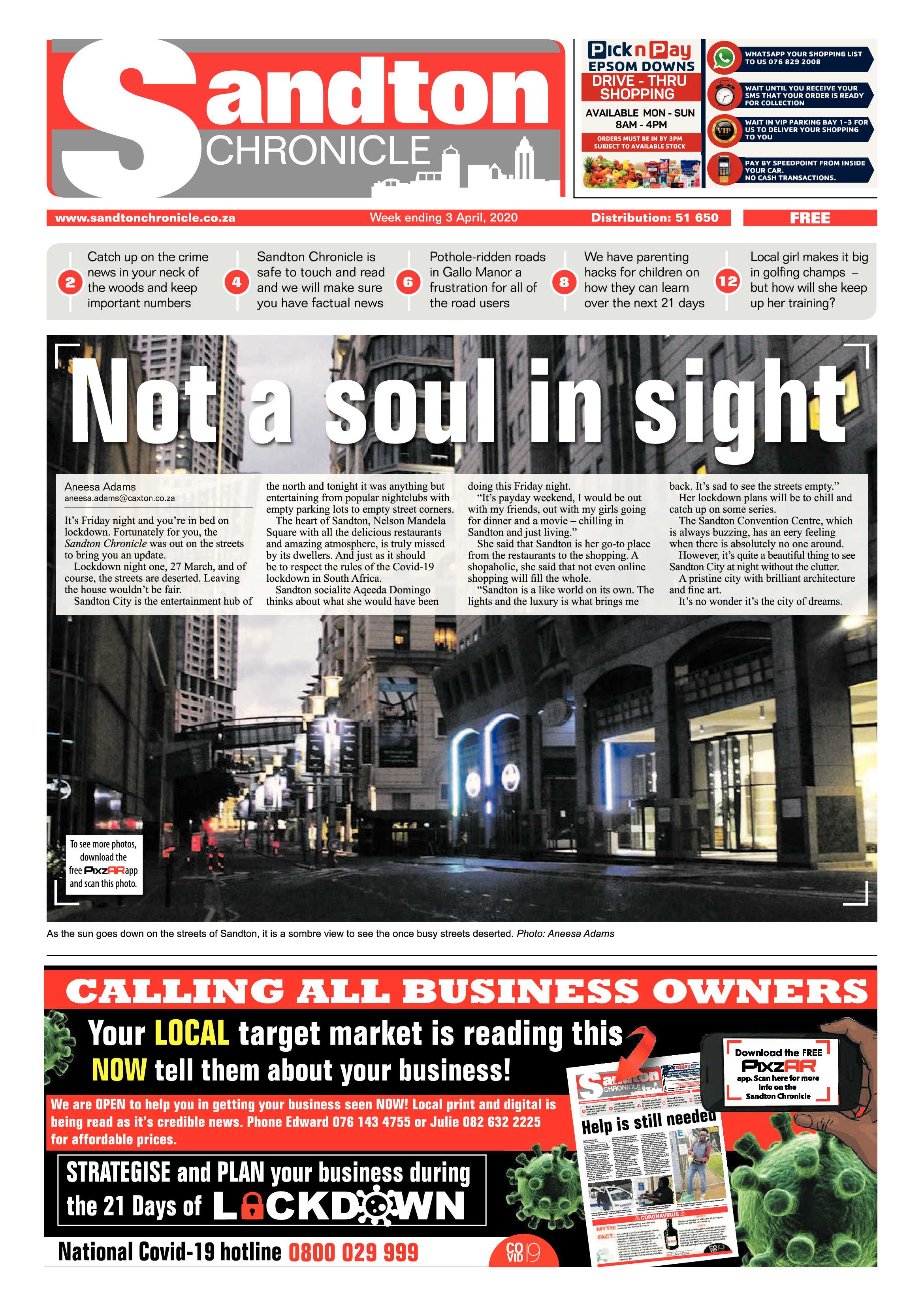 Sandton Chronicle 03 April 2020 page 1