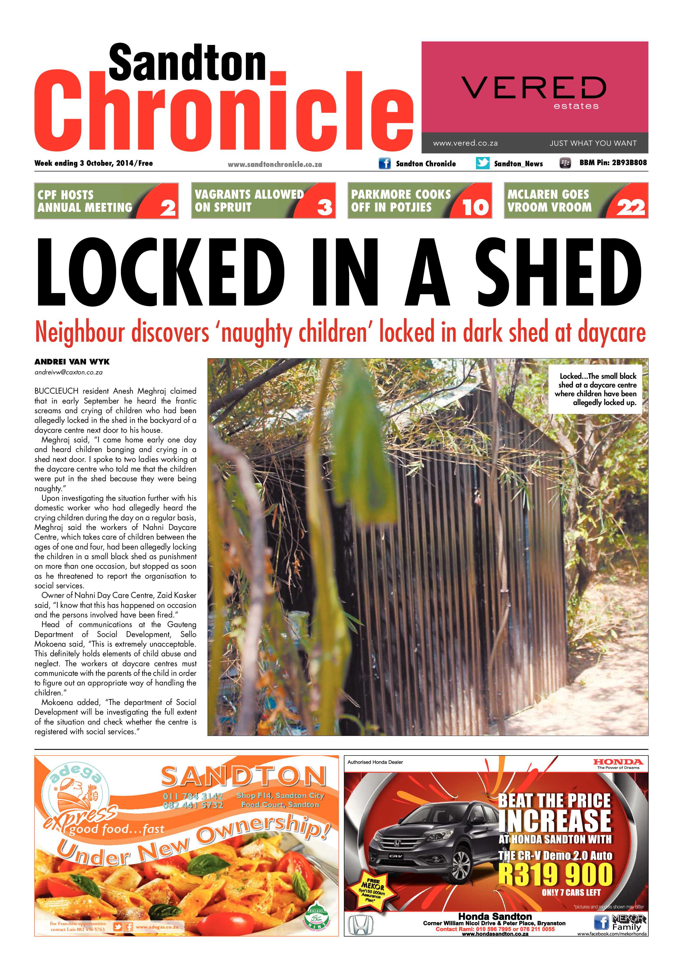 Sandton Chronicle 03 October 2014 page 1