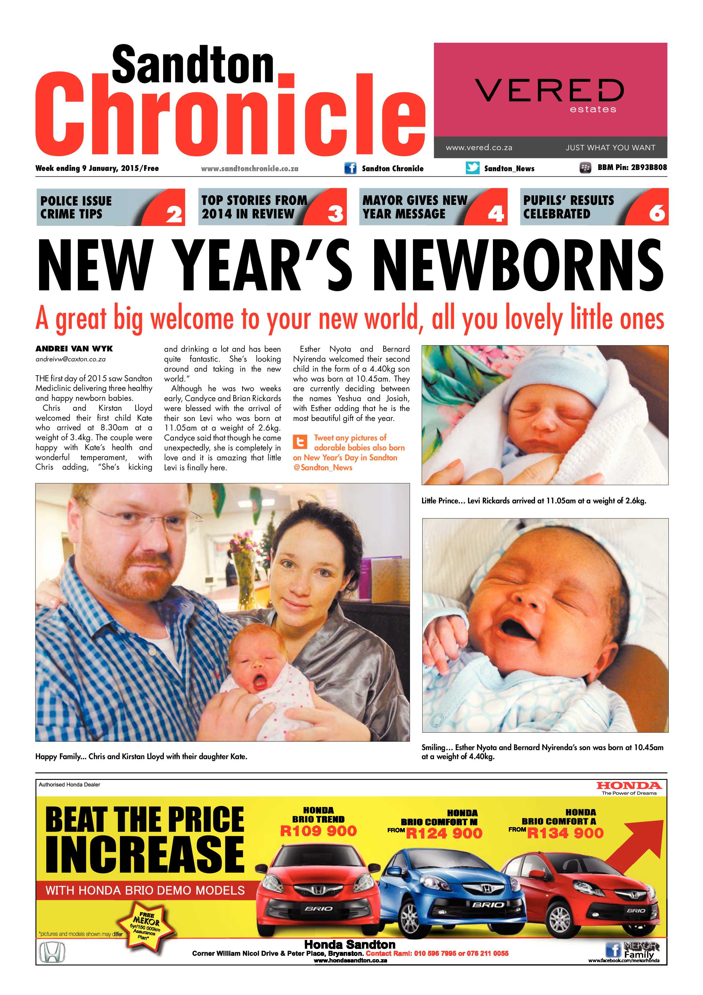 Sandton Chronicle 09 January 2015 page 1