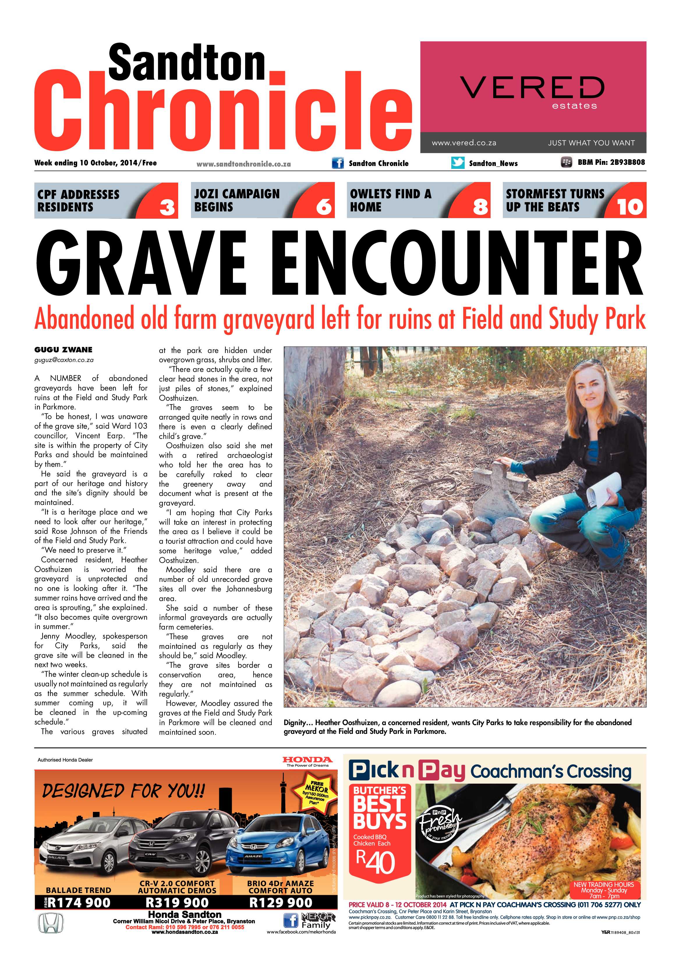 Sandton Chronicle 10 October 2014 page 1