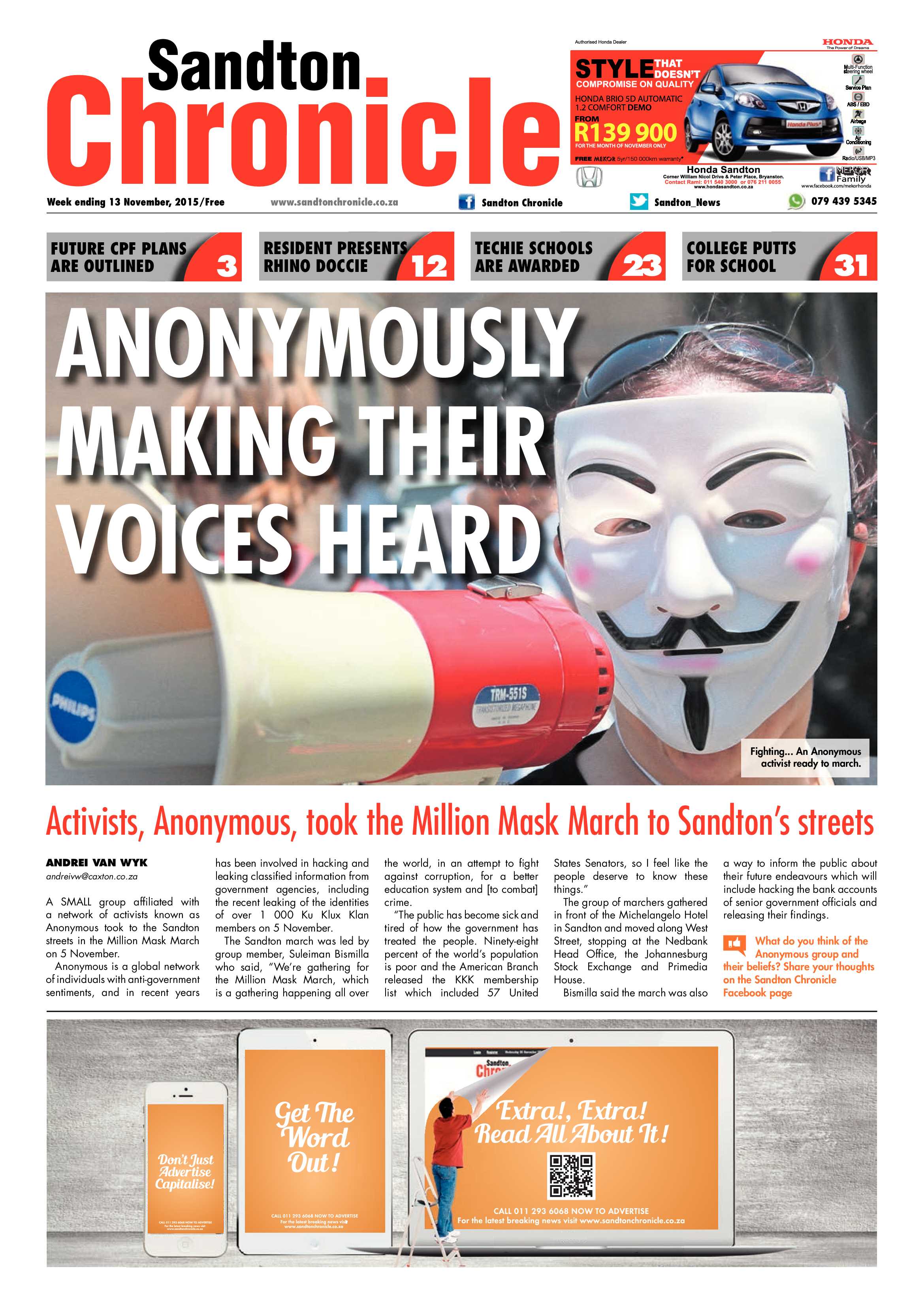 Sandton Chronicle 13 November 2015 page 1