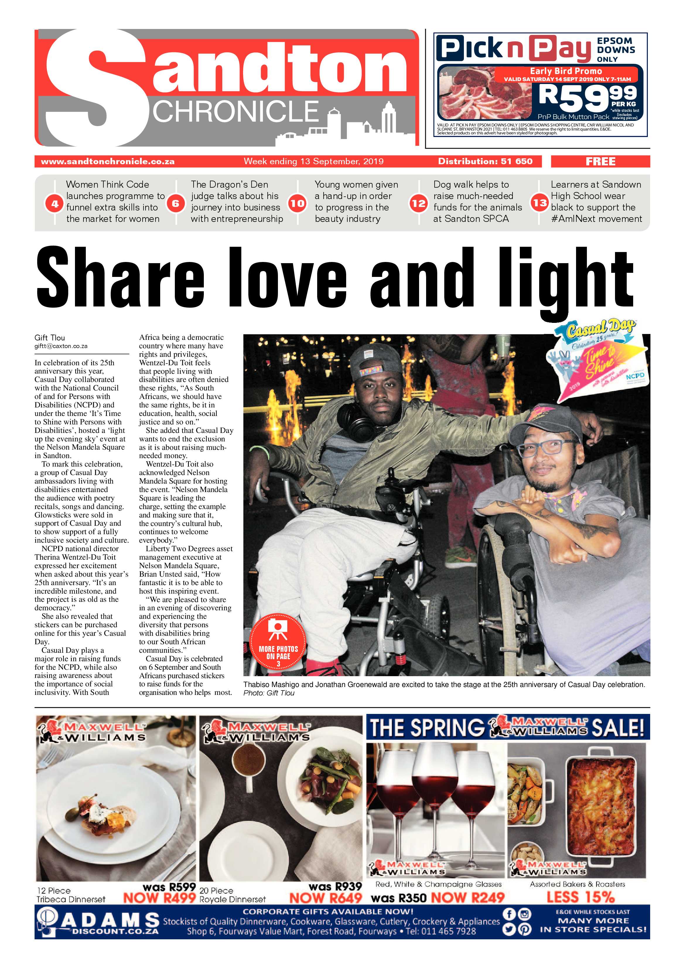 Sandton Chronicle 13 September, 2019 page 1
