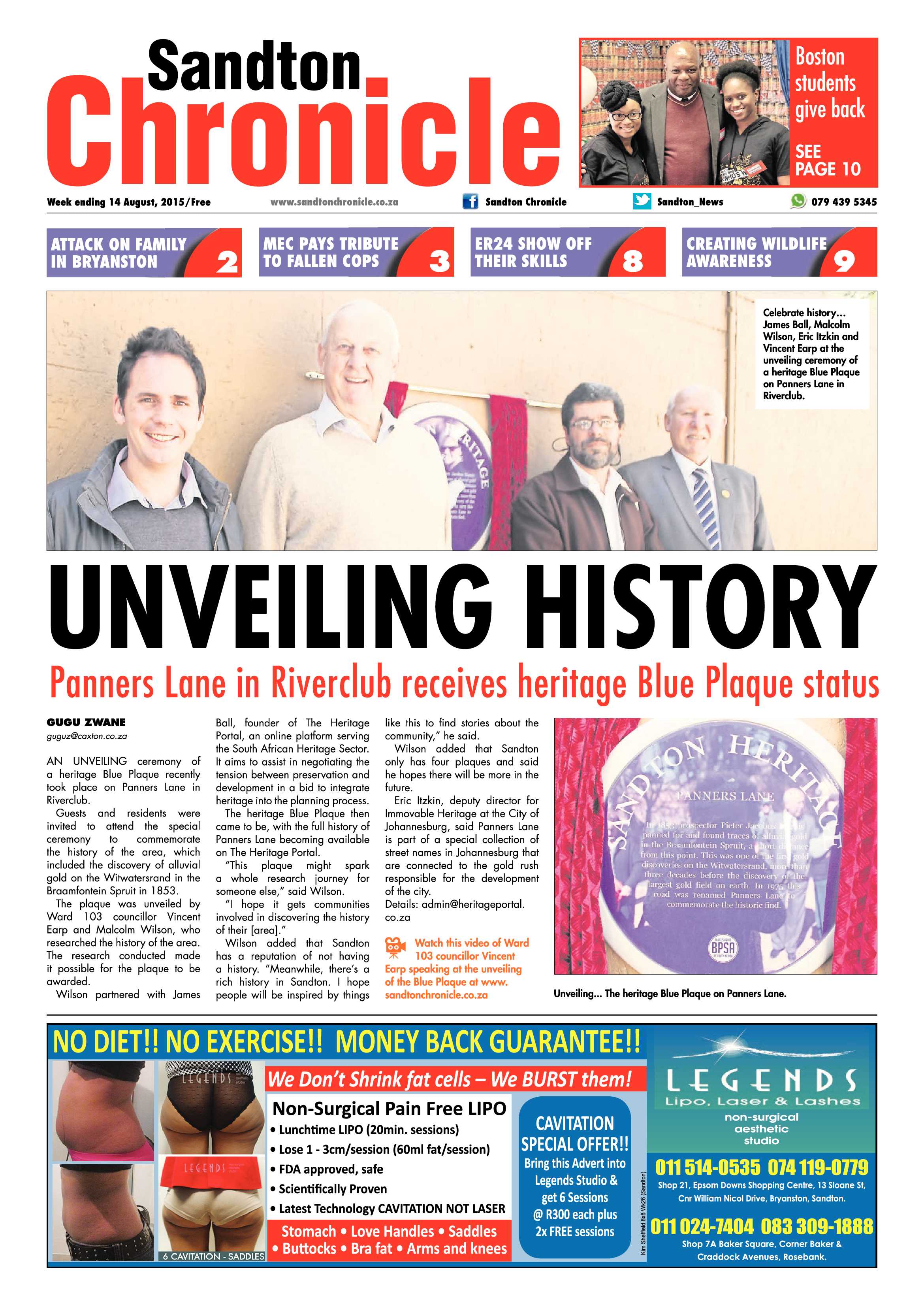 Sandton Chronicle 14 August 2015 page 1