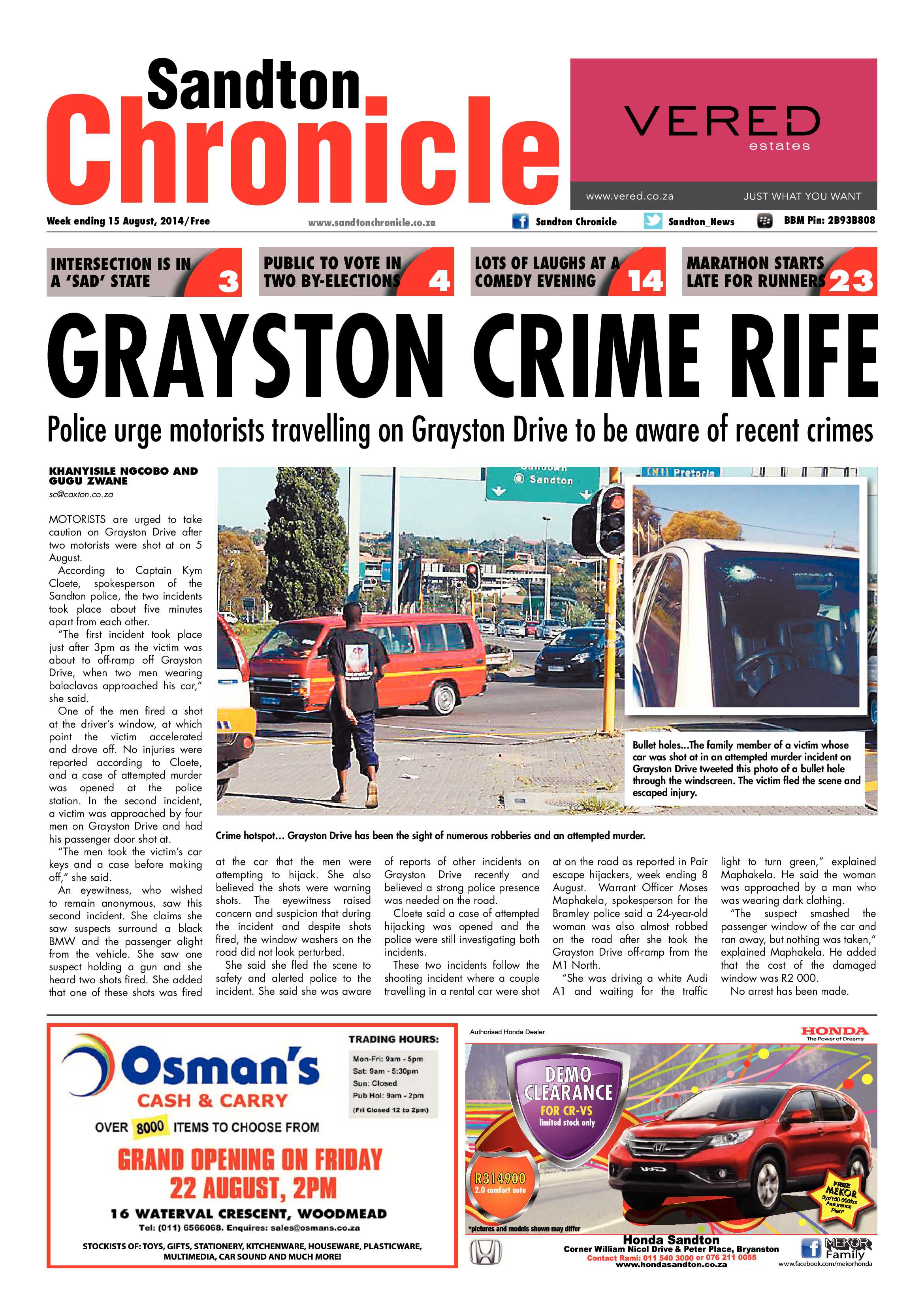 Sandton Chronicle 15 August 2014 page 1