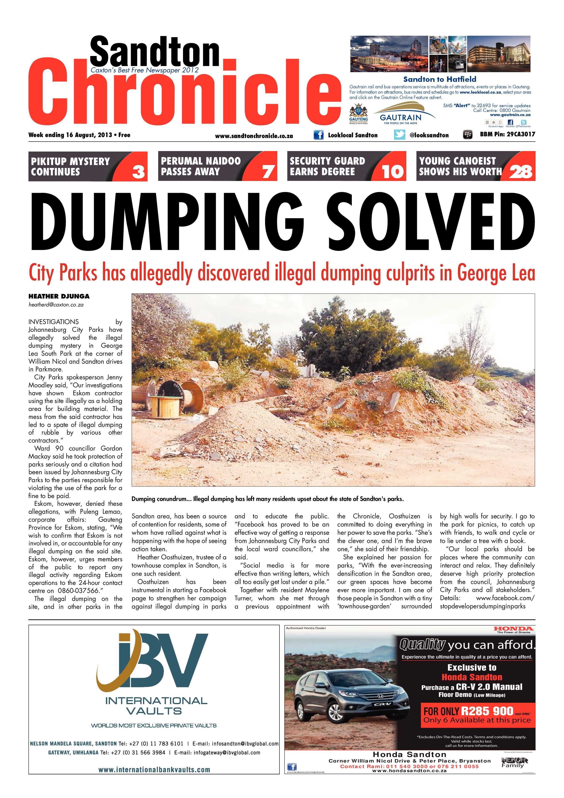 Sandton Chronicle 16 August 2013 page 1