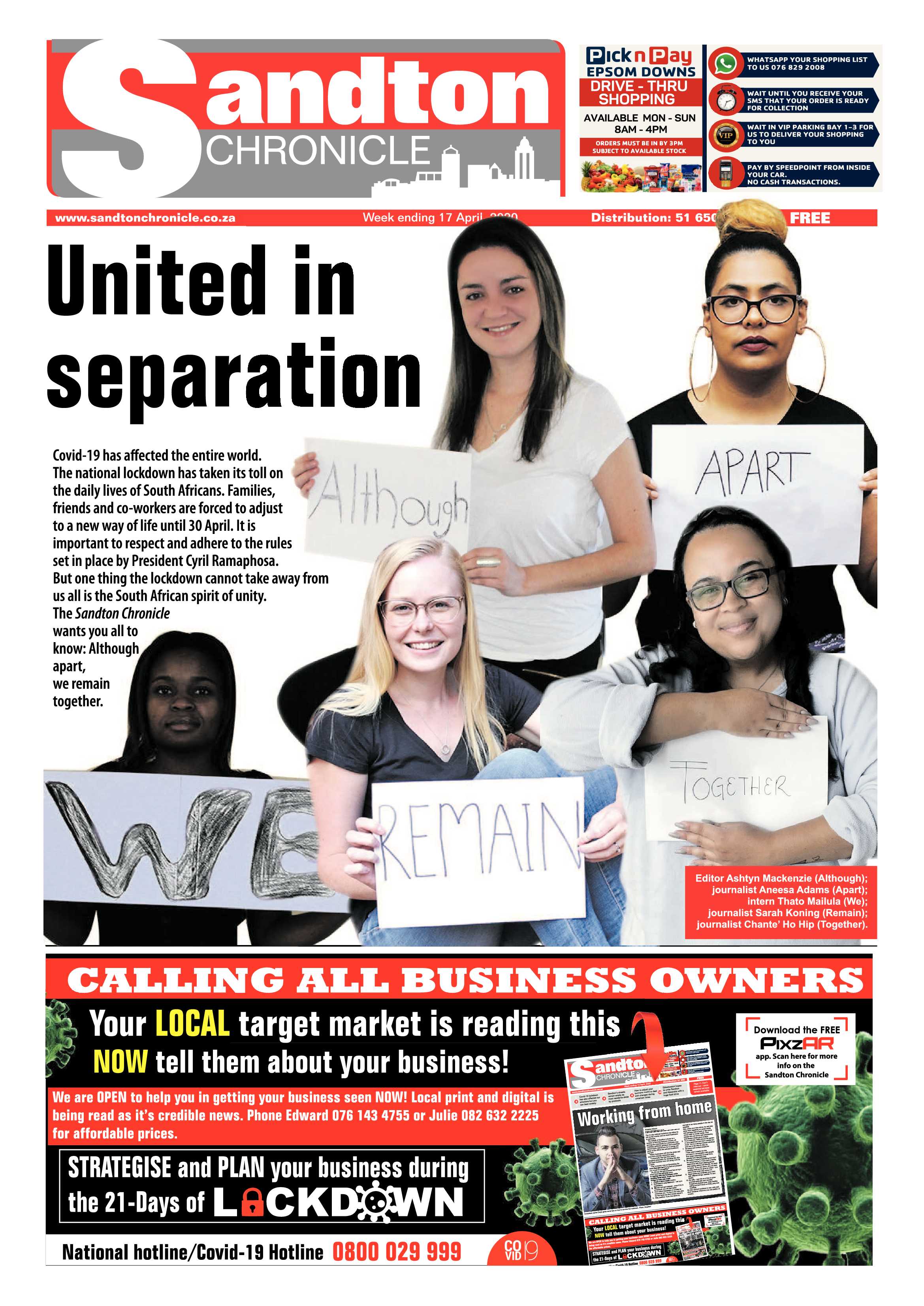 Sandton Chronicle 17 April 2020 page 1