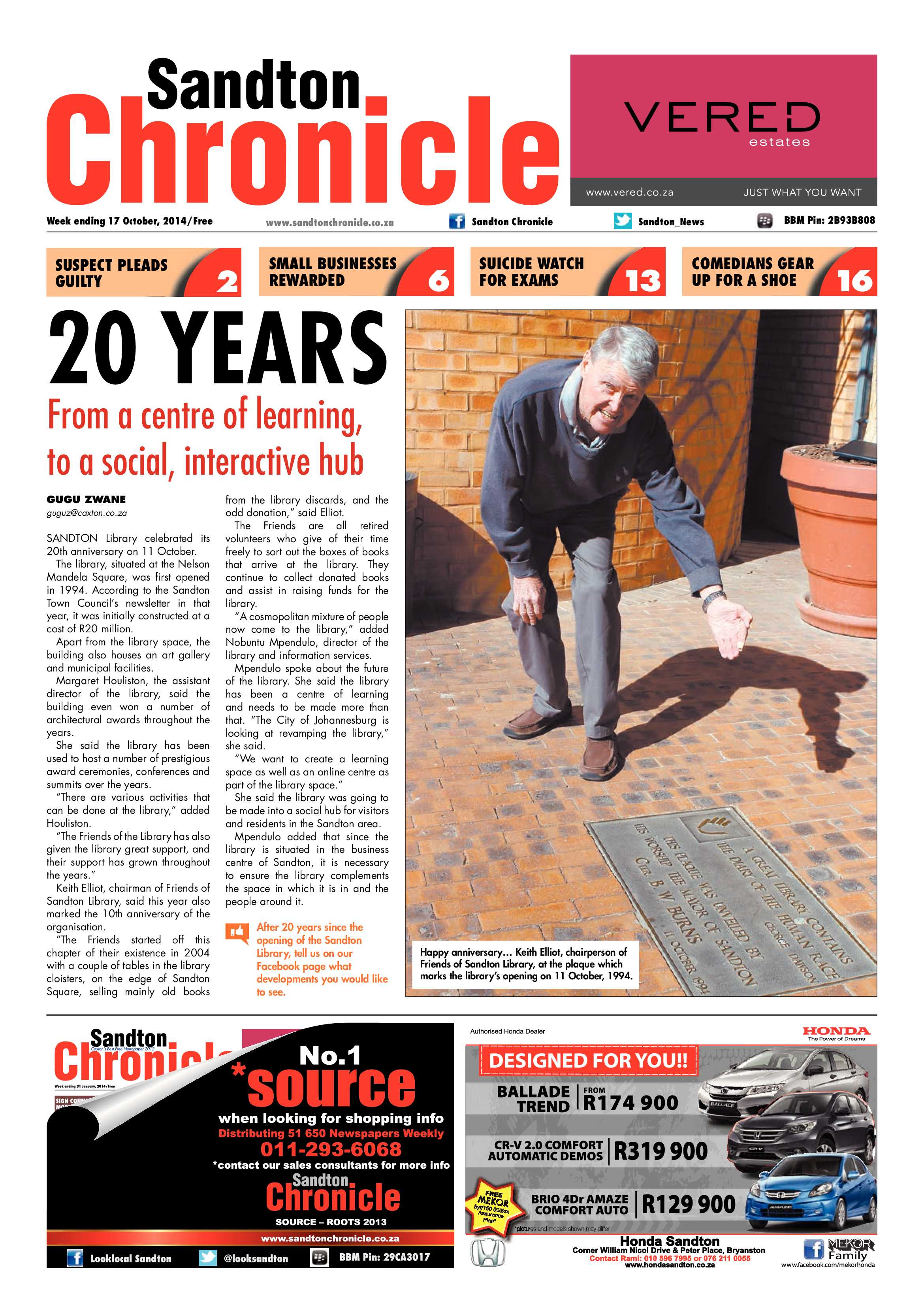 Sandton Chronicle 17 October 2014 page 1