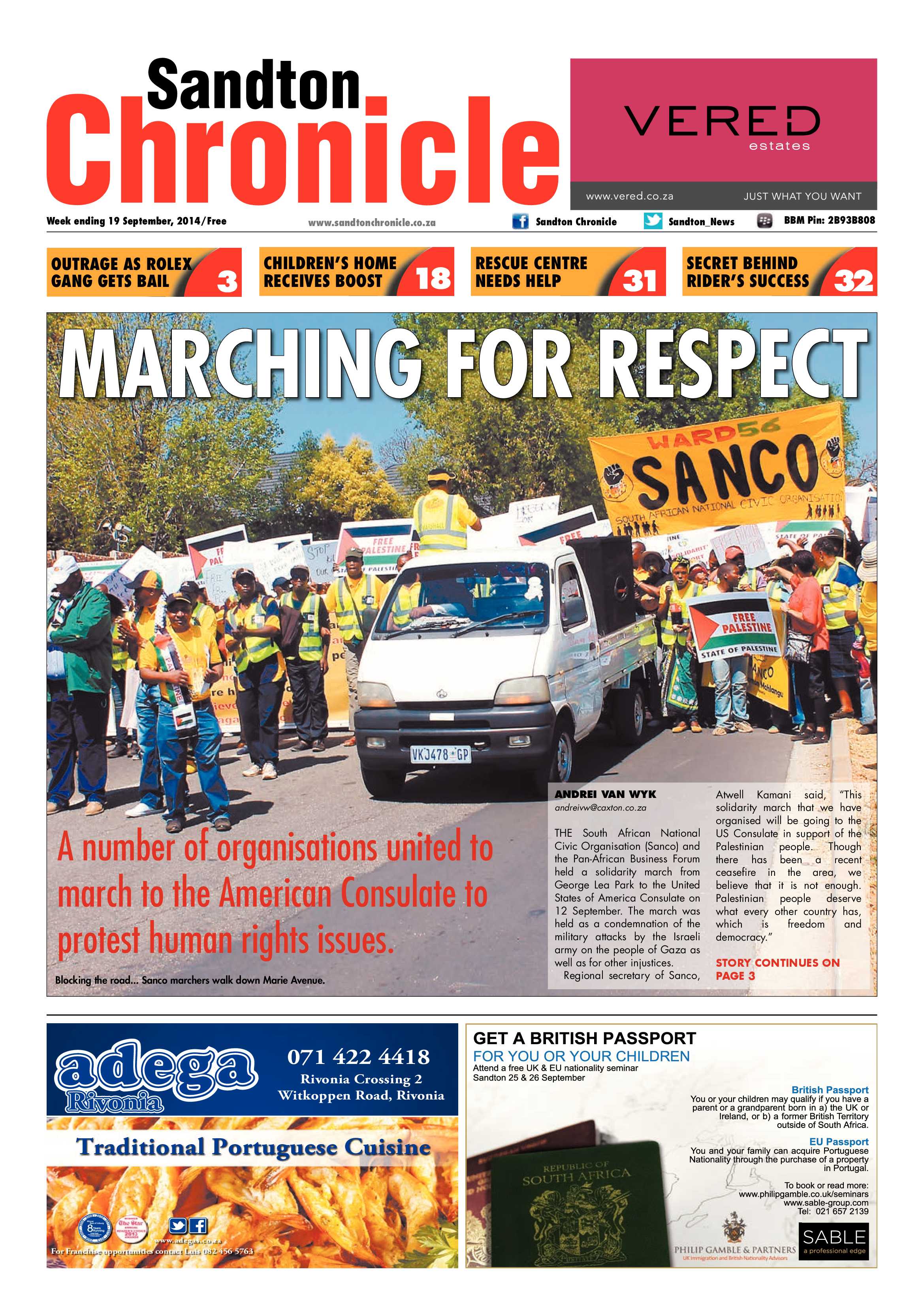 Sandton Chronicle 19 September 2014 page 1
