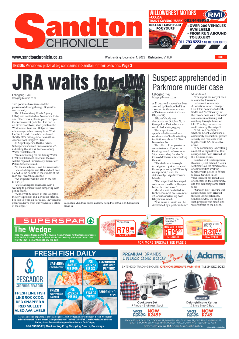 Sandton Chronicle 1 December 2023 page 1