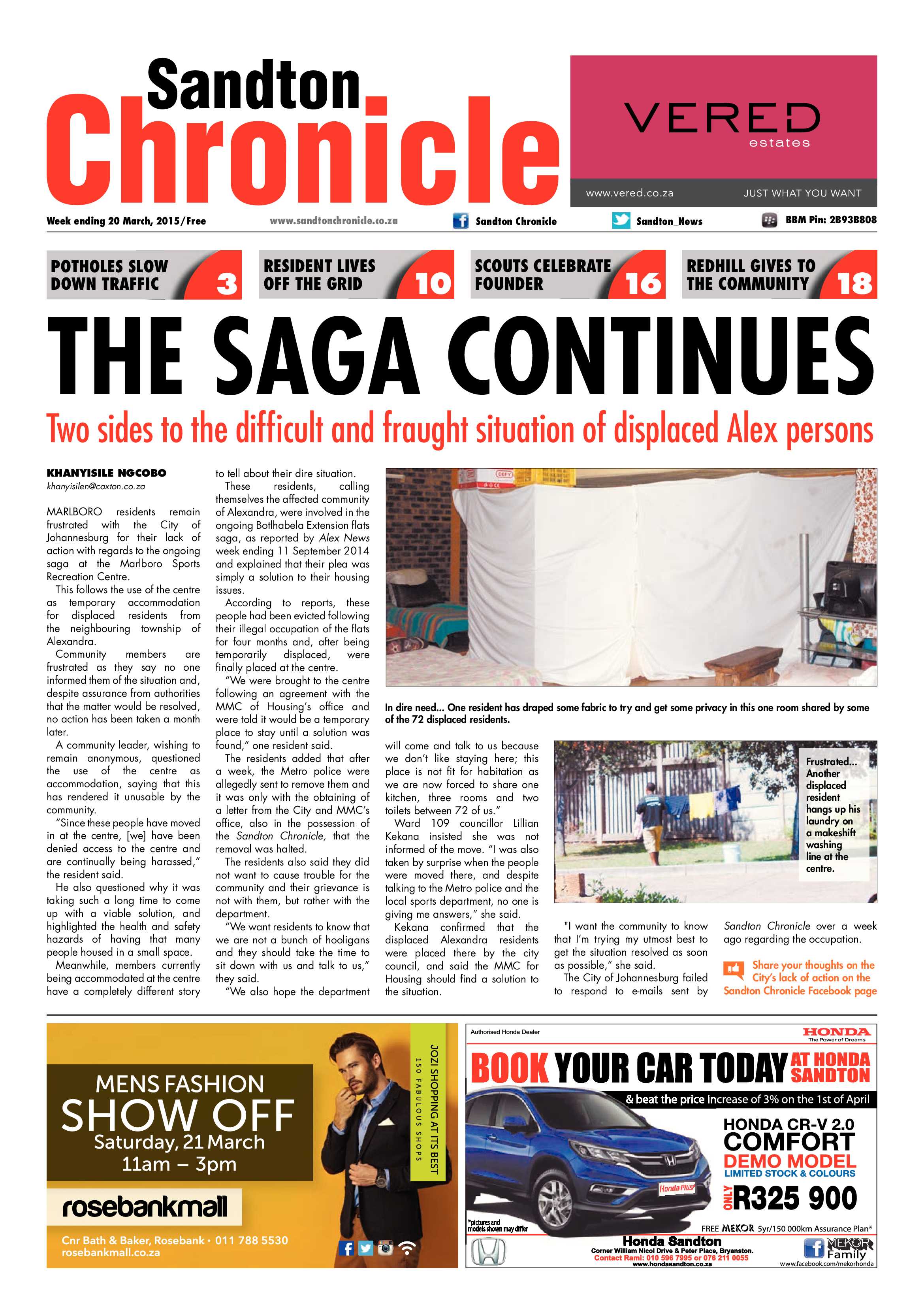 Sandton Chronicle 20 March 2015 page 1