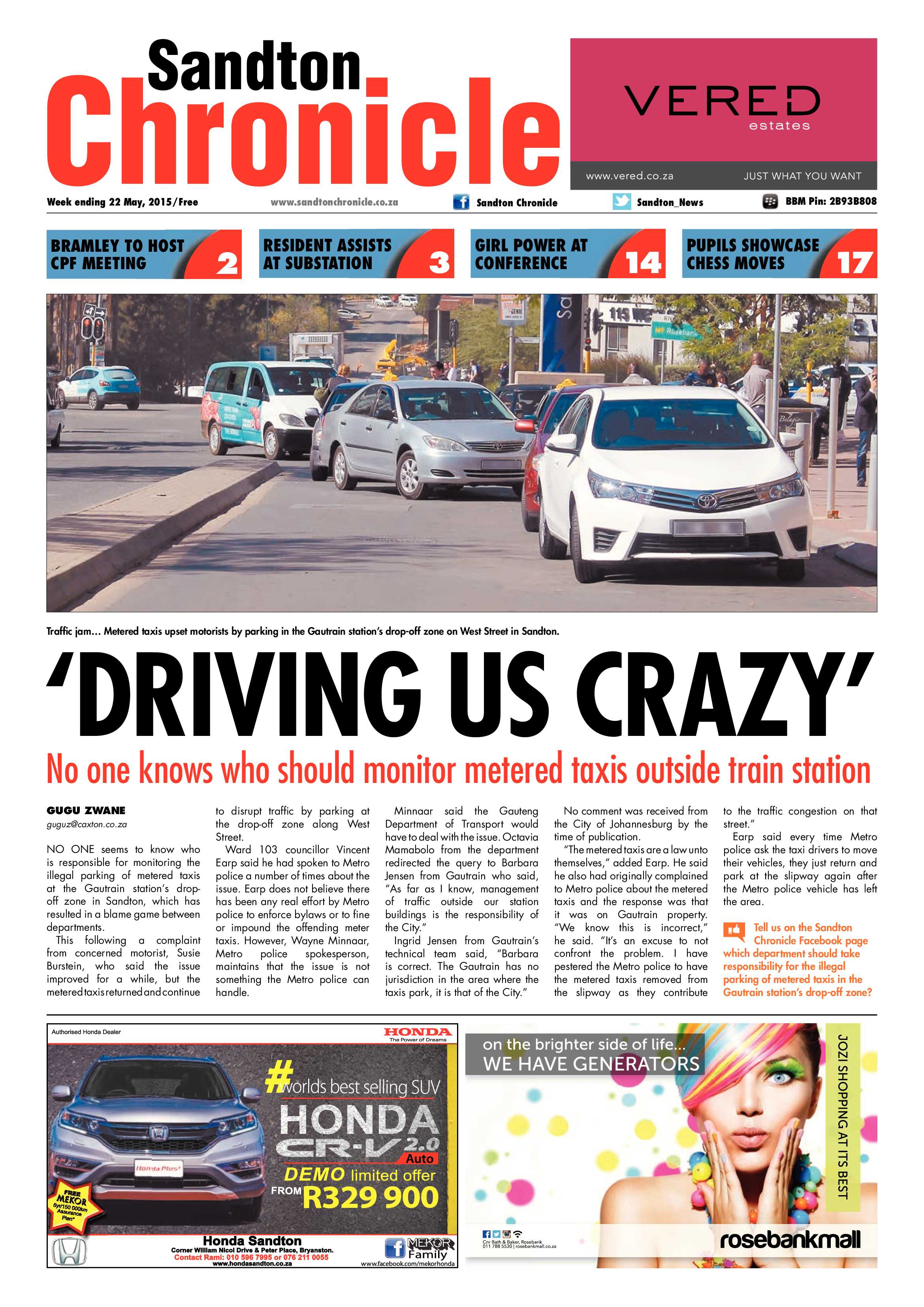 Sandton Chronicle 22 May 2015 page 1