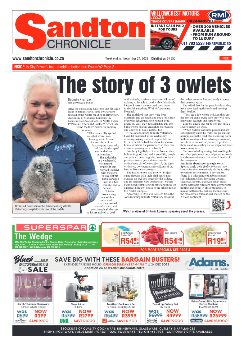 Sandton Chronicle 24 November 2023 page 1