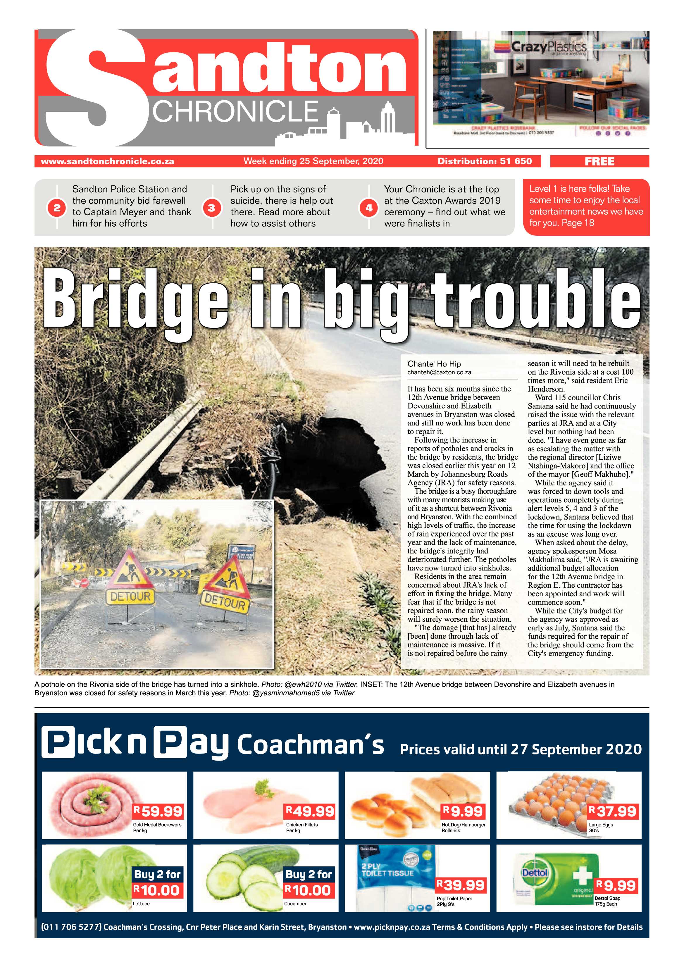 Sandton Chronicle 25 September 2020 page 1