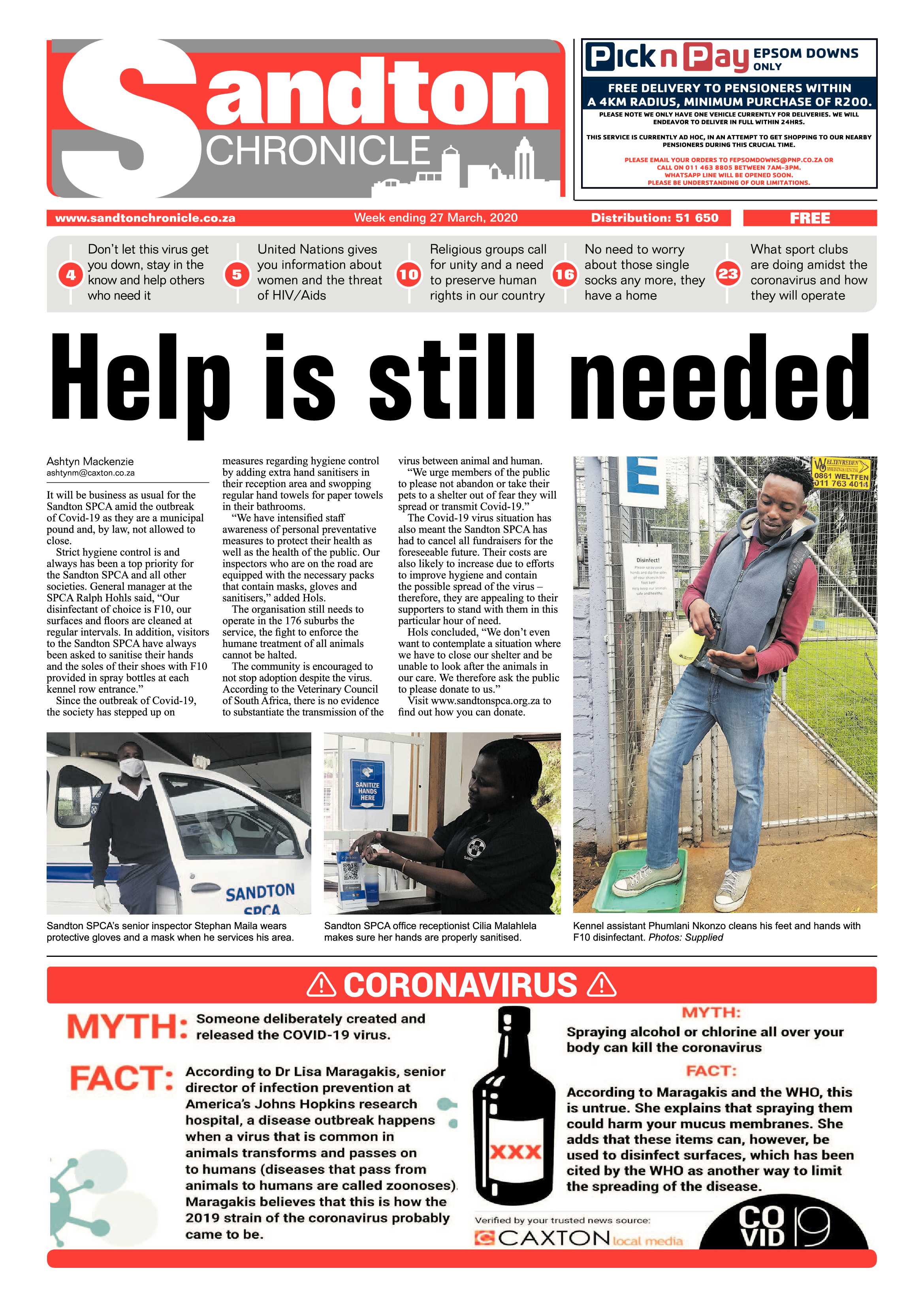 Sandton Chronicle 27 March 2020 page 1