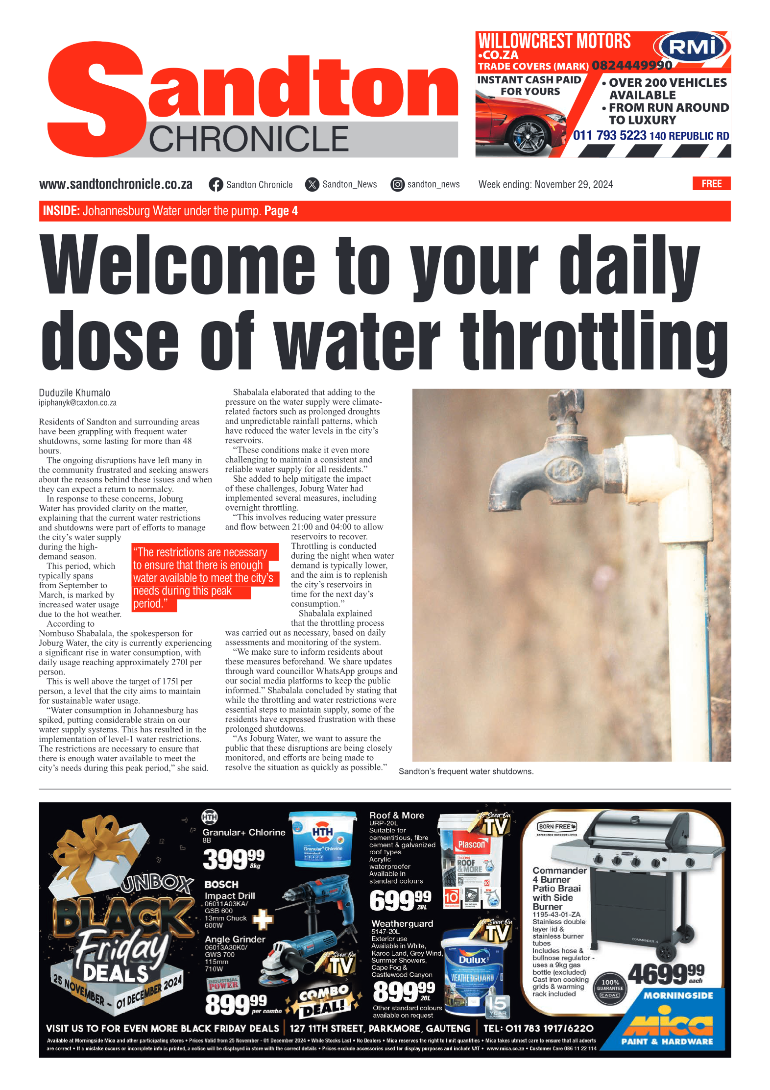 Sandton Chronicle 29 November 2024 page 1