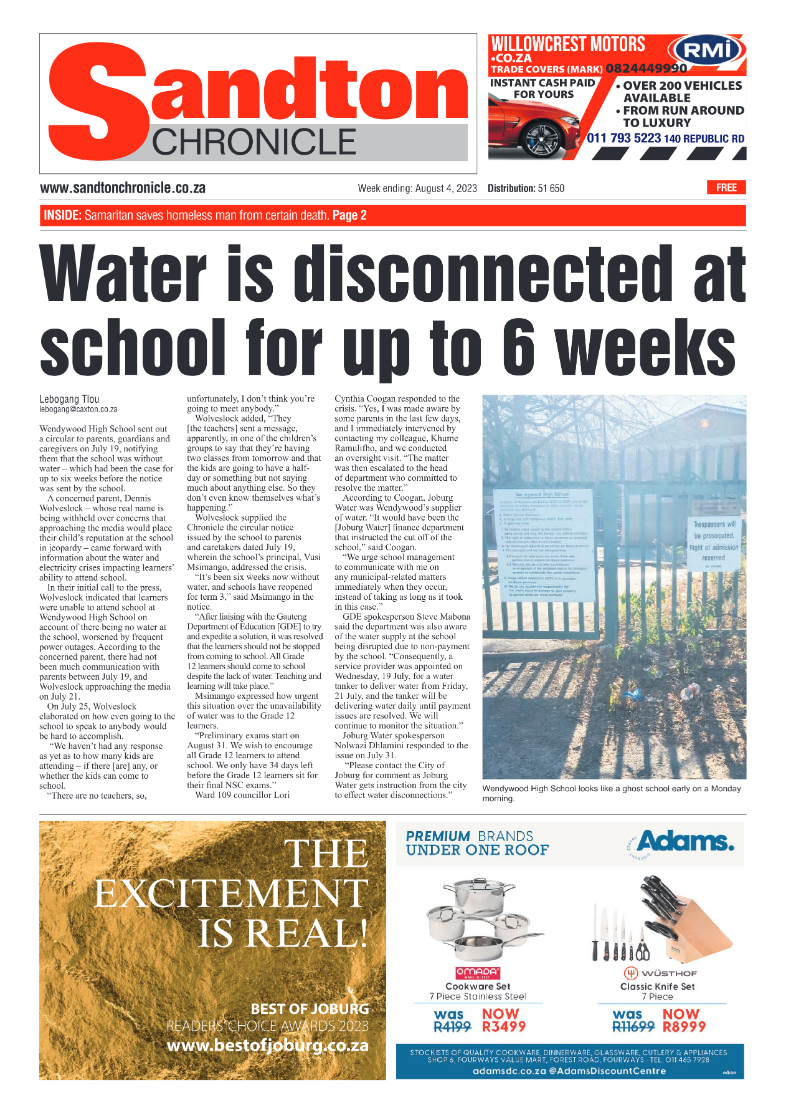 Sandton Chronicle 4 August 2023 page 1