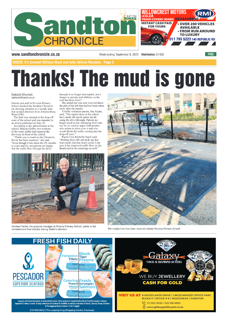 Sandton Chronicle 8 Sept 2023 page 1